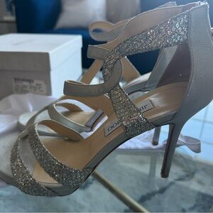 Jimmy Choo Tomar Champagne Metallic Leather Strappy Glitter Fabric Heels 41B 11